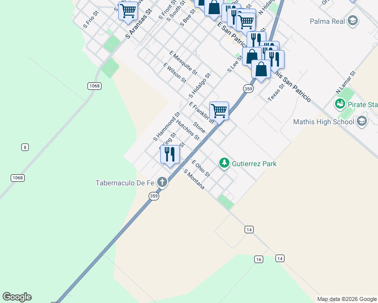 map of restaurants, bars, coffee shops, grocery stores, and more near 1004 South Hill Street in Mathis