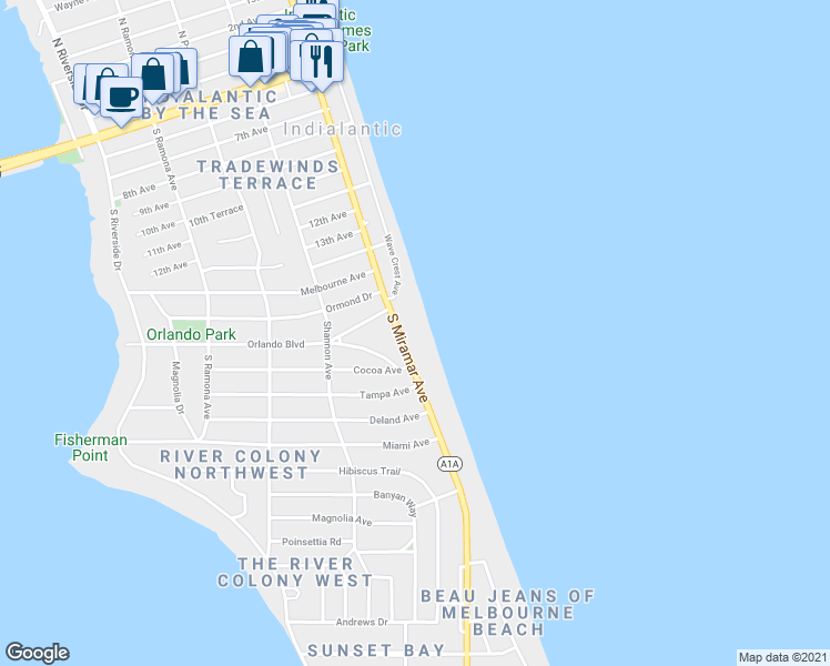 map of restaurants, bars, coffee shops, grocery stores, and more near 1305 South Miramar Avenue in Indialantic