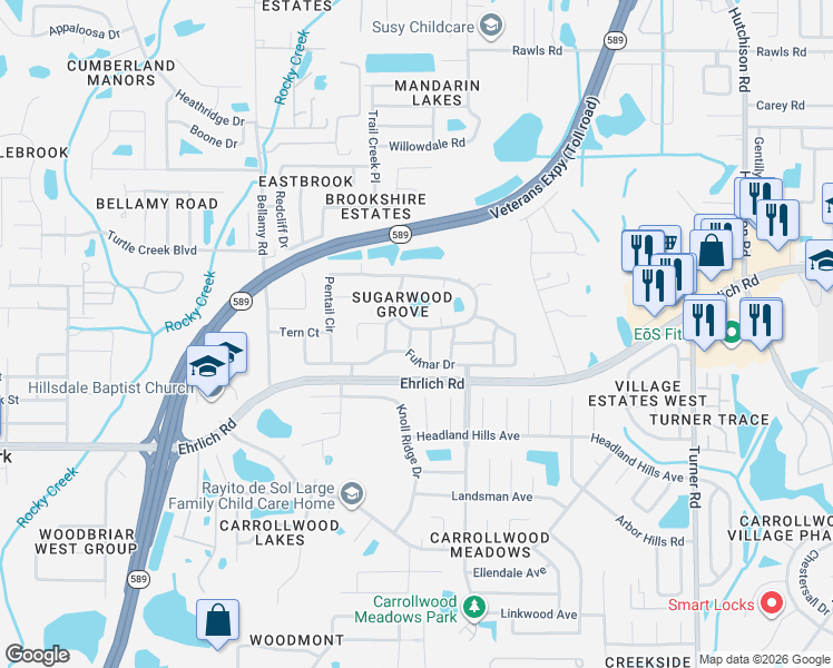 map of restaurants, bars, coffee shops, grocery stores, and more near 5418 Pentail Circle in Tampa