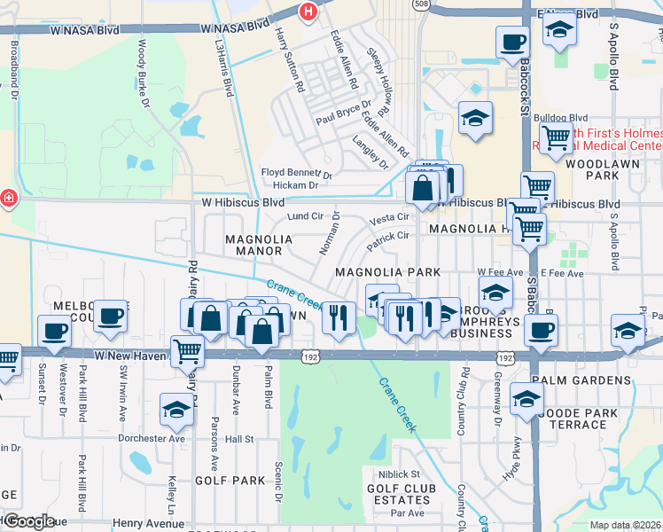 map of restaurants, bars, coffee shops, grocery stores, and more near 346 Vesta Circle in Melbourne