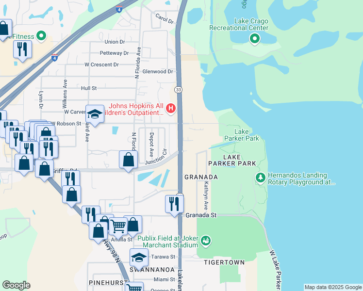 map of restaurants, bars, coffee shops, grocery stores, and more near 3037 Lakeland Hills Boulevard in Lakeland