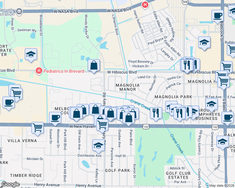 map of restaurants, bars, coffee shops, grocery stores, and more near 805 Glenmore Circle in Melbourne