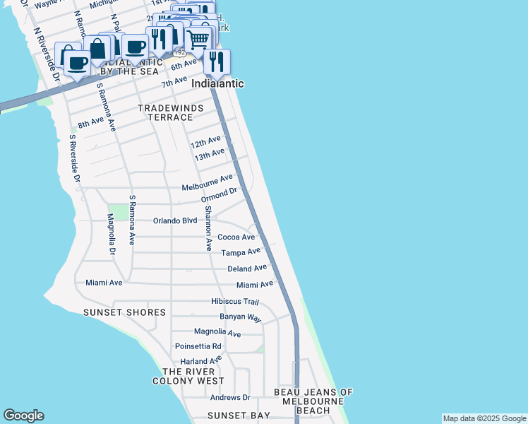 map of restaurants, bars, coffee shops, grocery stores, and more near 1321 South Miramar Avenue in Indialantic