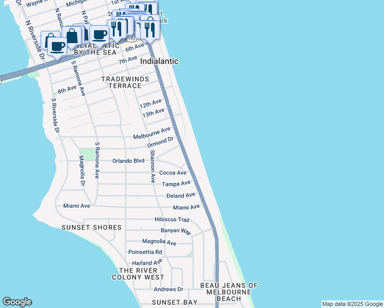 map of restaurants, bars, coffee shops, grocery stores, and more near 1305 South Miramar Avenue in Indialantic