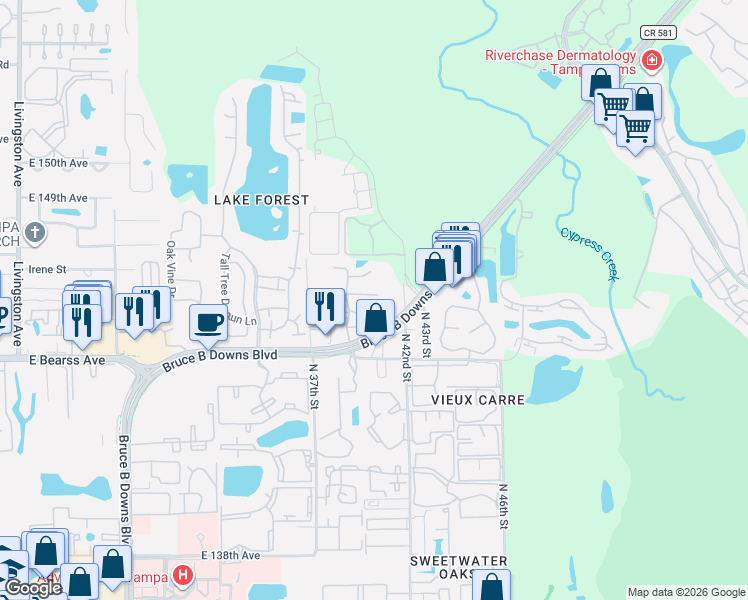 map of restaurants, bars, coffee shops, grocery stores, and more near 4023 Dream Oak Place in Tampa