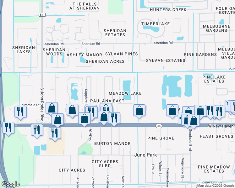 map of restaurants, bars, coffee shops, grocery stores, and more near 1539 Vista Lake Circle in Melbourne