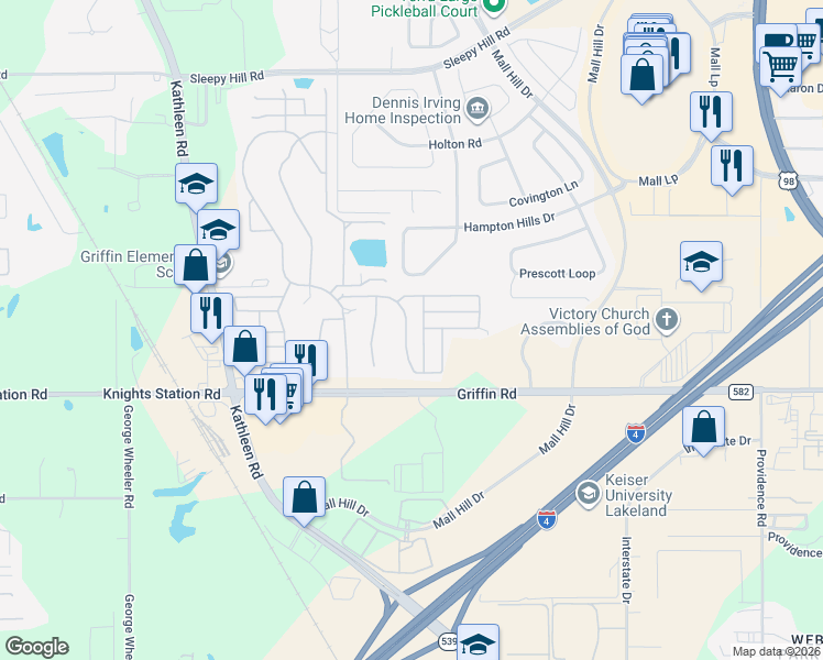 map of restaurants, bars, coffee shops, grocery stores, and more near 3212 Prairie Dunes Circle East in Lakeland