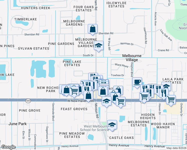 map of restaurants, bars, coffee shops, grocery stores, and more near 1510 South Wickham Road in West Melbourne