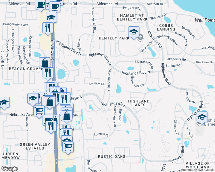 map of restaurants, bars, coffee shops, grocery stores, and more near 101 Stafford Drive in Palm Harbor