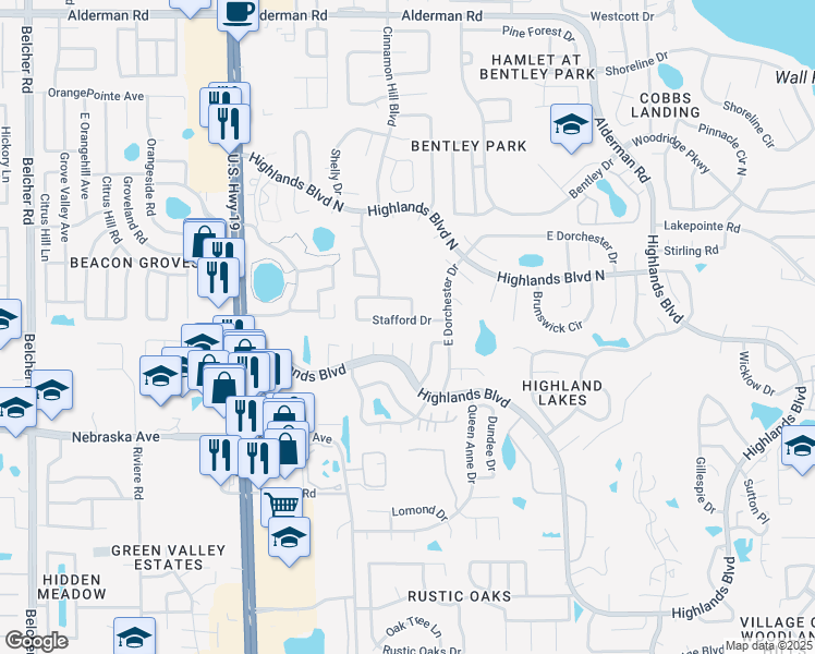 map of restaurants, bars, coffee shops, grocery stores, and more near 170 Stafford Circle in Palm Harbor