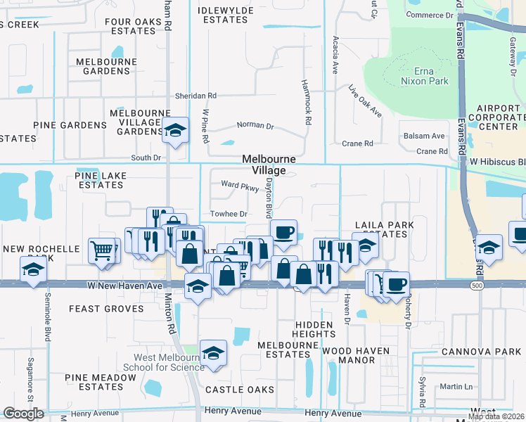 map of restaurants, bars, coffee shops, grocery stores, and more near 353 Dayton Boulevard in Melbourne