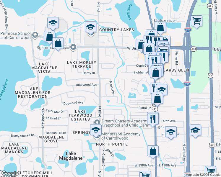 map of restaurants, bars, coffee shops, grocery stores, and more near 14813 North Iris Avenue in Tampa