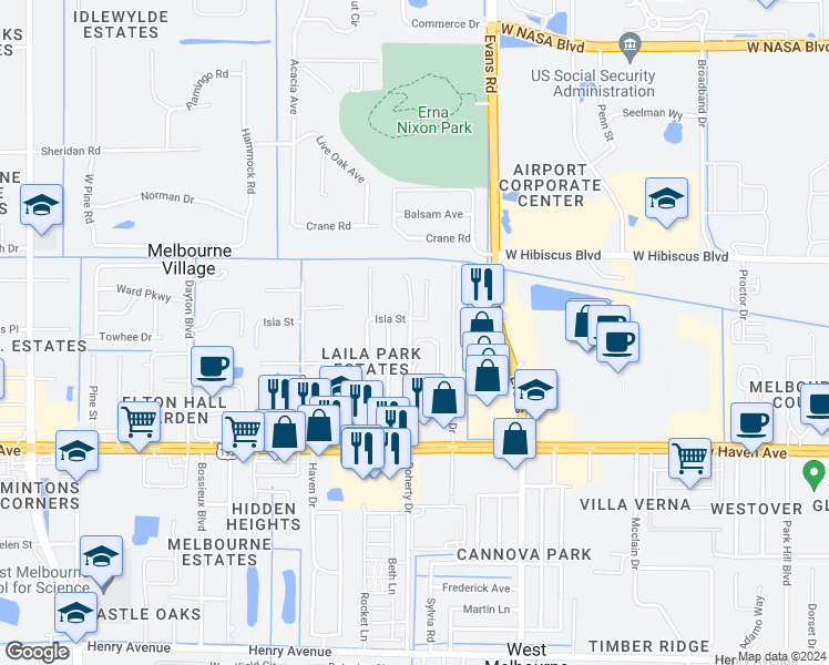 map of restaurants, bars, coffee shops, grocery stores, and more near 296 Woodland Drive in West Melbourne