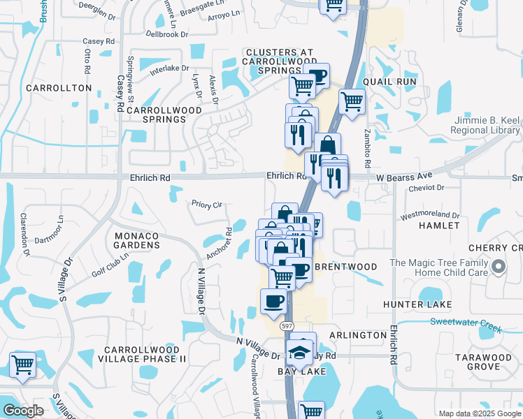 map of restaurants, bars, coffee shops, grocery stores, and more near 14802 Par Club Circle in Tampa