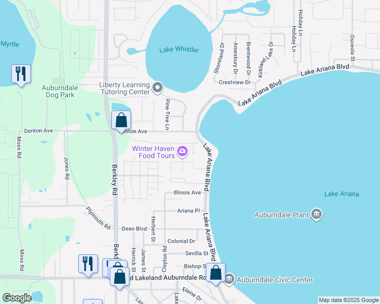 map of restaurants, bars, coffee shops, grocery stores, and more near 146 Amber Boulevard in Auburndale