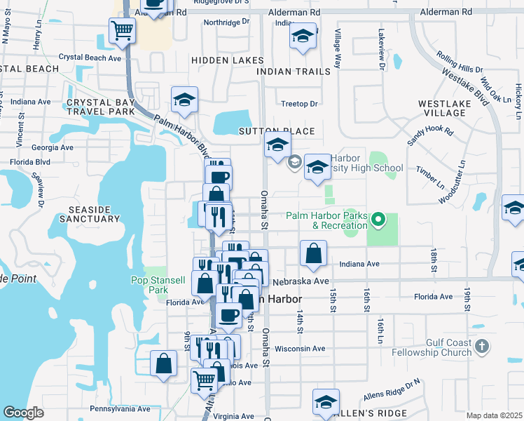 map of restaurants, bars, coffee shops, grocery stores, and more near 1215 New York Avenue in Palm Harbor
