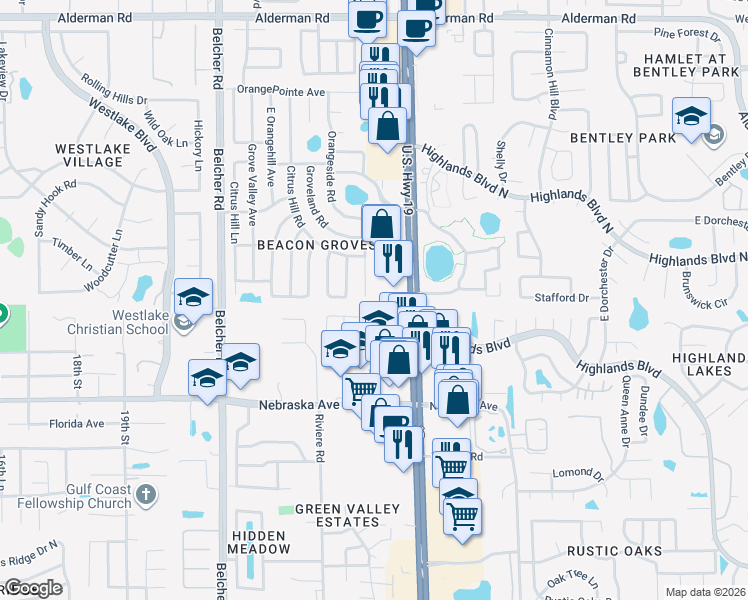 map of restaurants, bars, coffee shops, grocery stores, and more near 1624 East Orangeside Road in Palm Harbor