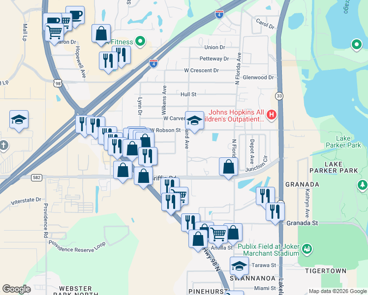 map of restaurants, bars, coffee shops, grocery stores, and more near 3210 Baird Avenue in Lakeland