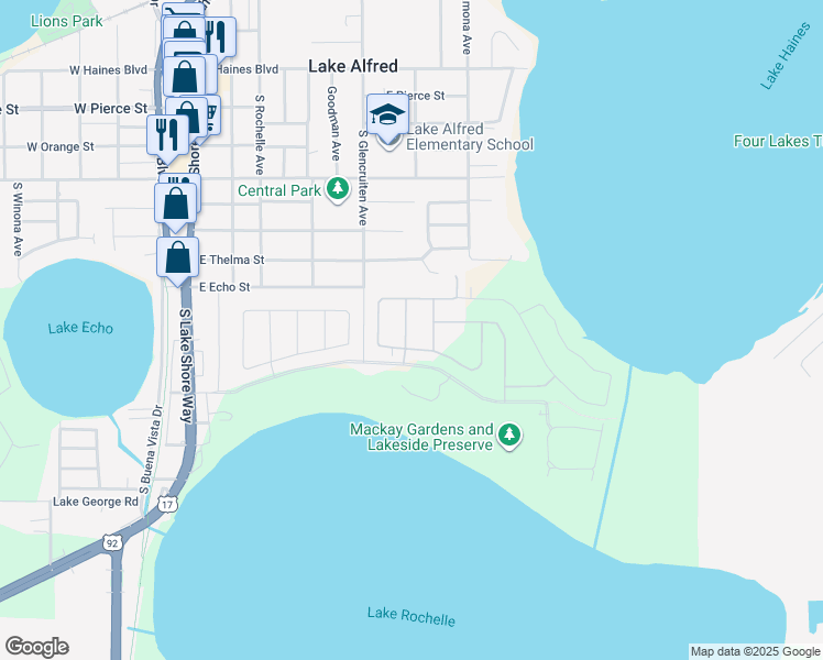 map of restaurants, bars, coffee shops, grocery stores, and more near 1113 Alexander Way in Lake Alfred