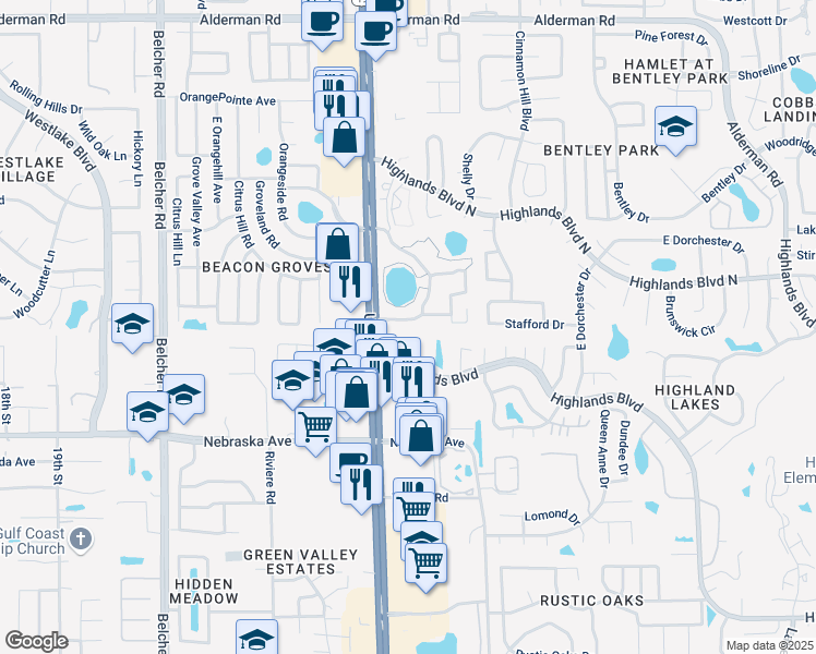 map of restaurants, bars, coffee shops, grocery stores, and more near 2522 Pine Ridge Way South in Palm Harbor