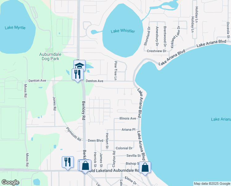 map of restaurants, bars, coffee shops, grocery stores, and more near 176 Amber Boulevard in Auburndale