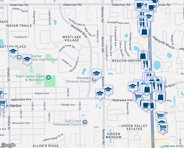 map of restaurants, bars, coffee shops, grocery stores, and more near 10 Linden Lane in Palm Harbor