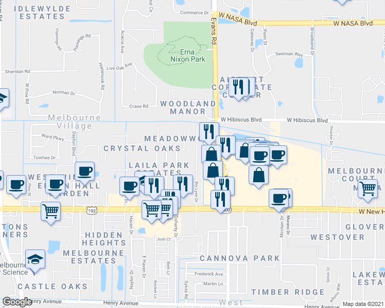 map of restaurants, bars, coffee shops, grocery stores, and more near 255 Bry Lynn Drive in Melbourne