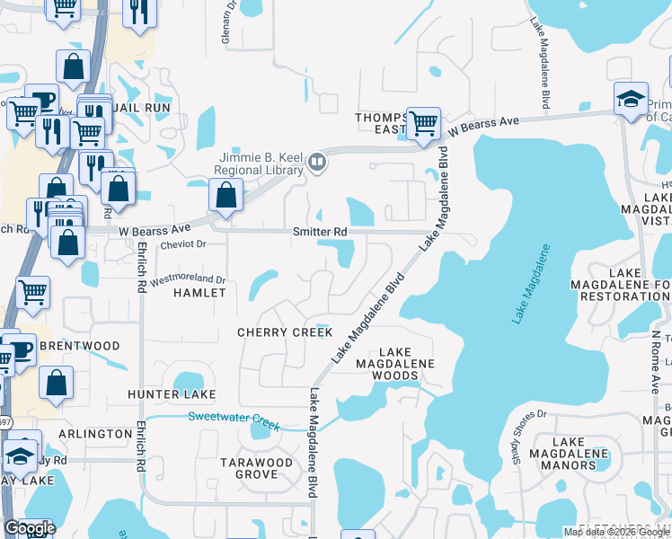 map of restaurants, bars, coffee shops, grocery stores, and more near 14017 Cascade Lane in Tampa