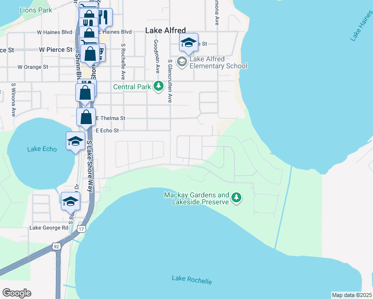 map of restaurants, bars, coffee shops, grocery stores, and more near 1113 Alexander Way in Lake Alfred