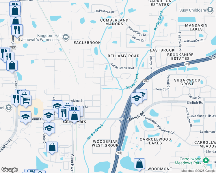 map of restaurants, bars, coffee shops, grocery stores, and more near 14807 Del Valle Road in Tampa