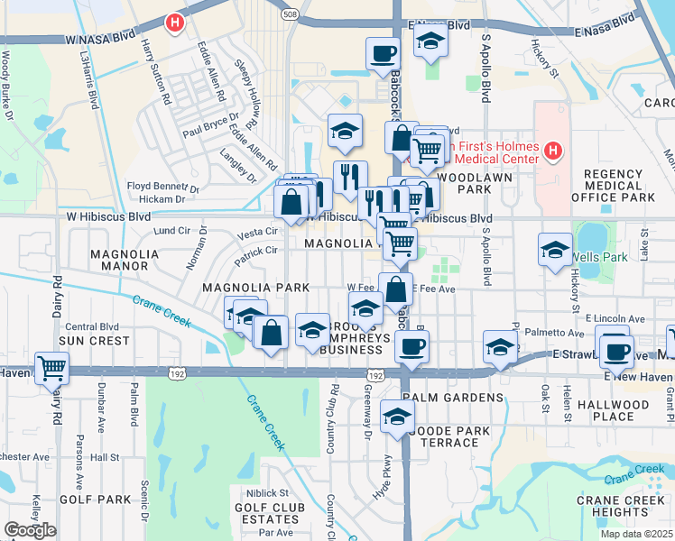 map of restaurants, bars, coffee shops, grocery stores, and more near 1615 South Park Avenue in Melbourne
