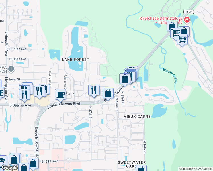 map of restaurants, bars, coffee shops, grocery stores, and more near 4013 Dream Oak Place in Tampa
