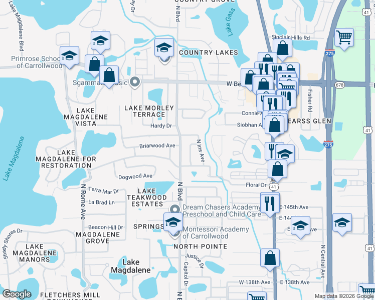 map of restaurants, bars, coffee shops, grocery stores, and more near 14814 Daisy Lane in Tampa