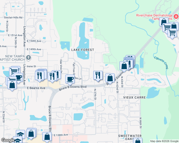 map of restaurants, bars, coffee shops, grocery stores, and more near 14715 Pine Glen Circle in Lutz