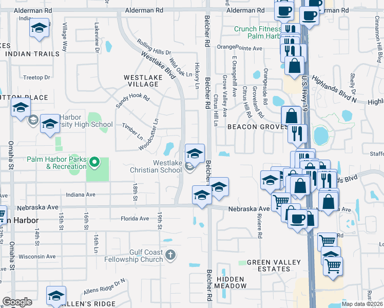 map of restaurants, bars, coffee shops, grocery stores, and more near 30 Linden Lane in Palm Harbor