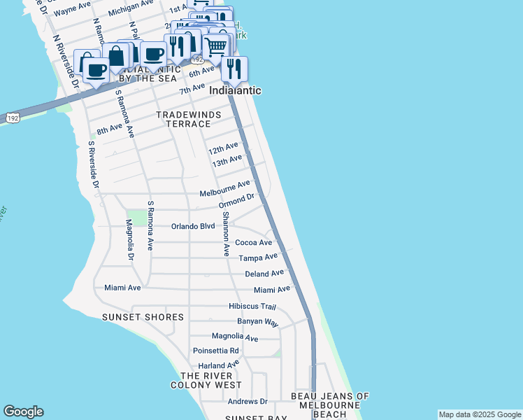 map of restaurants, bars, coffee shops, grocery stores, and more near 1305 South Miramar Avenue in Indialantic