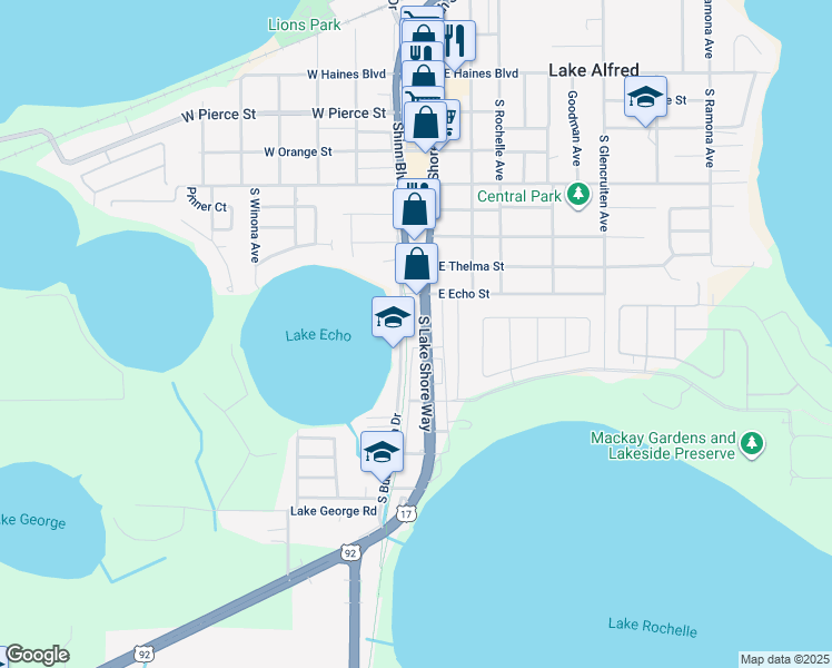 map of restaurants, bars, coffee shops, grocery stores, and more near 875 South Lake Shore Way in Lake Alfred
