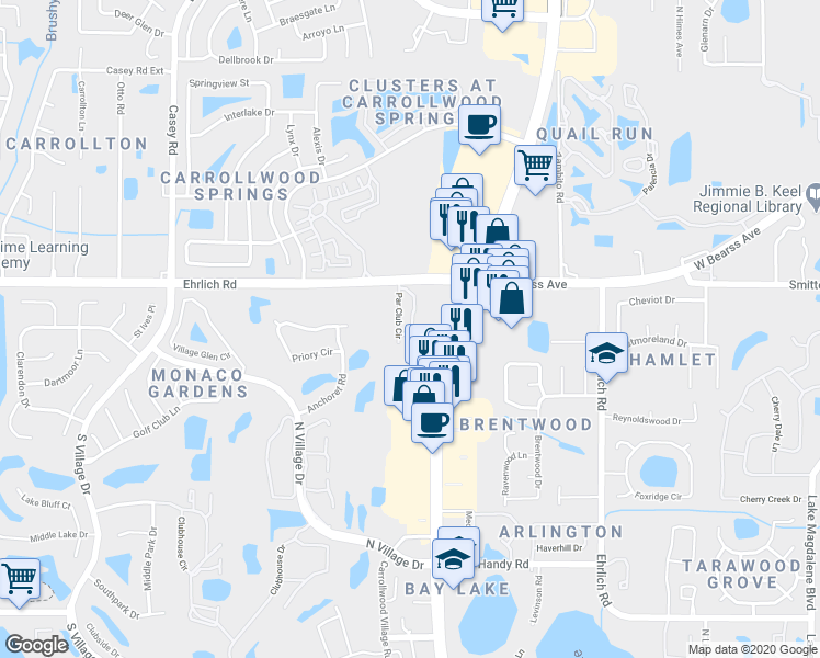 map of restaurants, bars, coffee shops, grocery stores, and more near 14641 Par Club Circle in Tampa