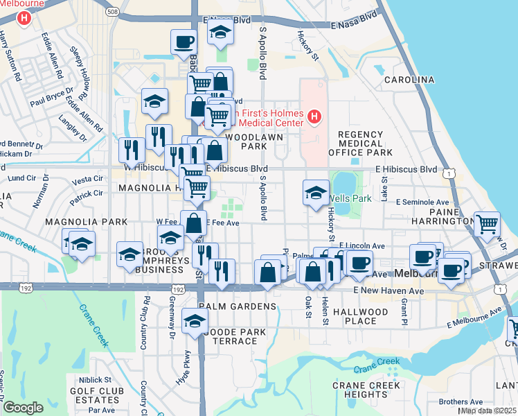 map of restaurants, bars, coffee shops, grocery stores, and more near 1618 South Apollo Boulevard in Melbourne