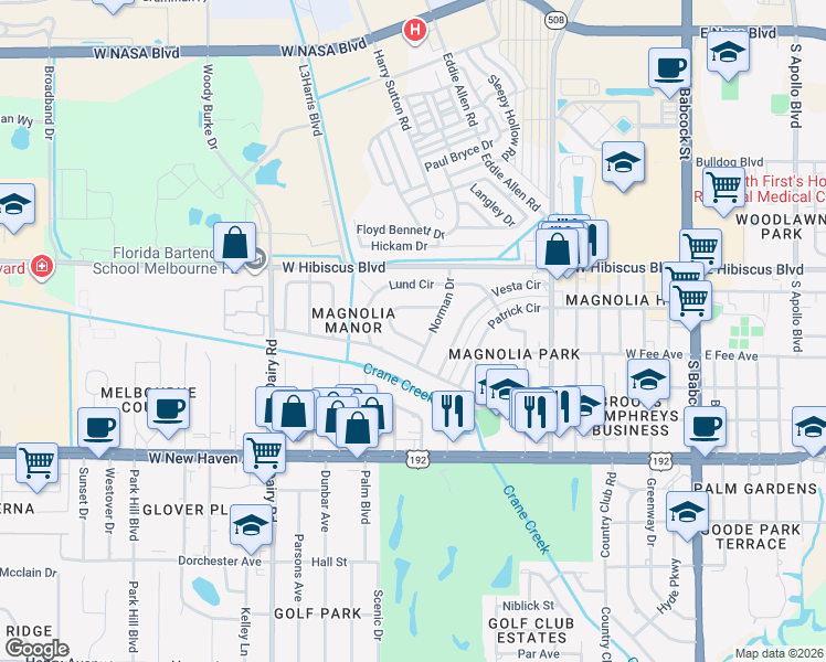 map of restaurants, bars, coffee shops, grocery stores, and more near 739 Bonnie Circle in Melbourne