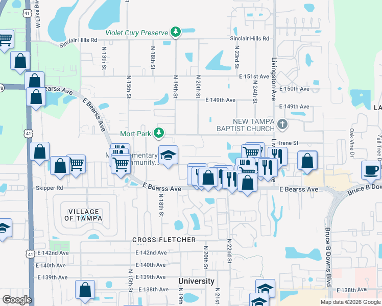 map of restaurants, bars, coffee shops, grocery stores, and more near 1906 South Mobile Villa Drive in Lutz