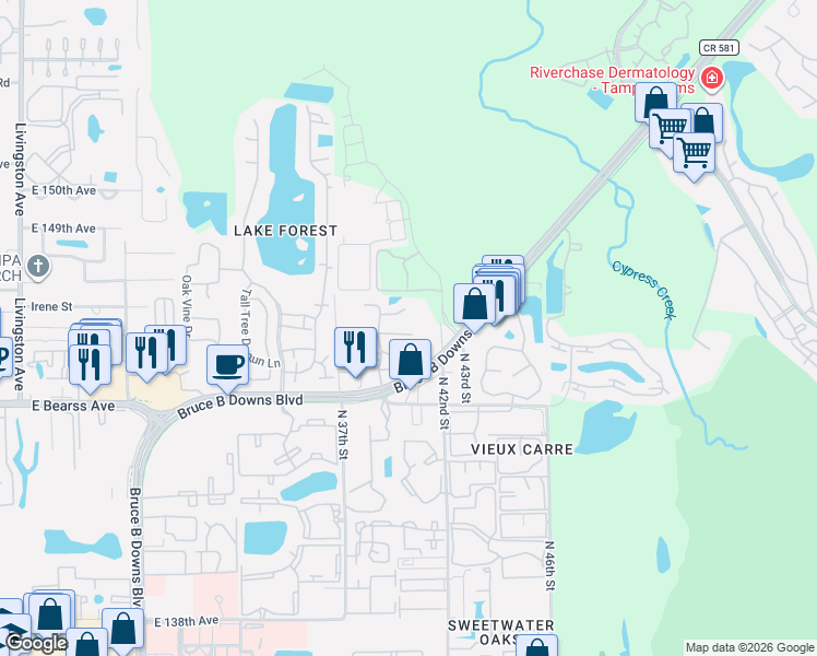 map of restaurants, bars, coffee shops, grocery stores, and more near 4023 Dream Oak Place in Tampa