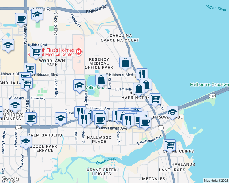 map of restaurants, bars, coffee shops, grocery stores, and more near 1605 Lake Street in Melbourne