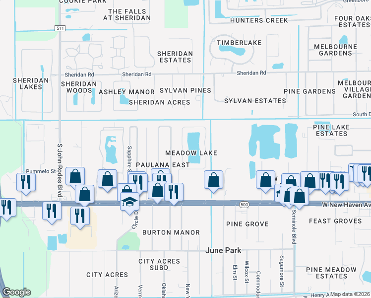 map of restaurants, bars, coffee shops, grocery stores, and more near 1539 Vista Lake Circle in Melbourne