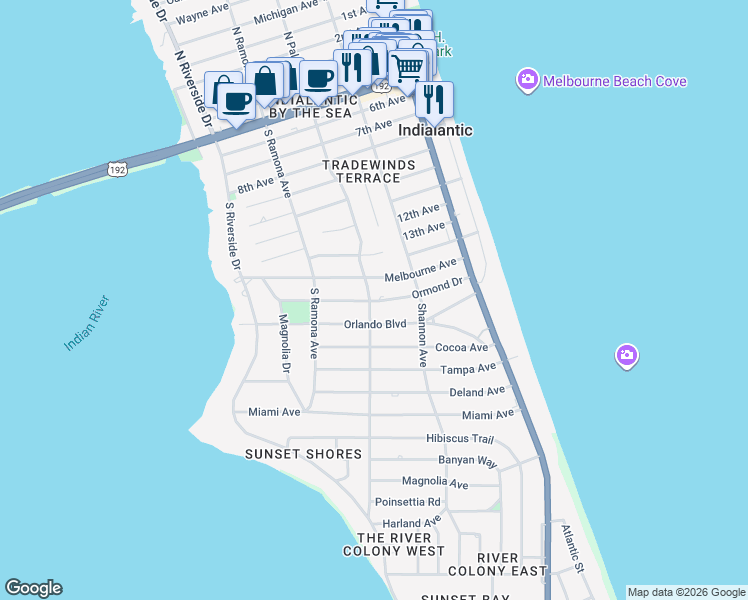 map of restaurants, bars, coffee shops, grocery stores, and more near 244 Ormond Drive in Indialantic
