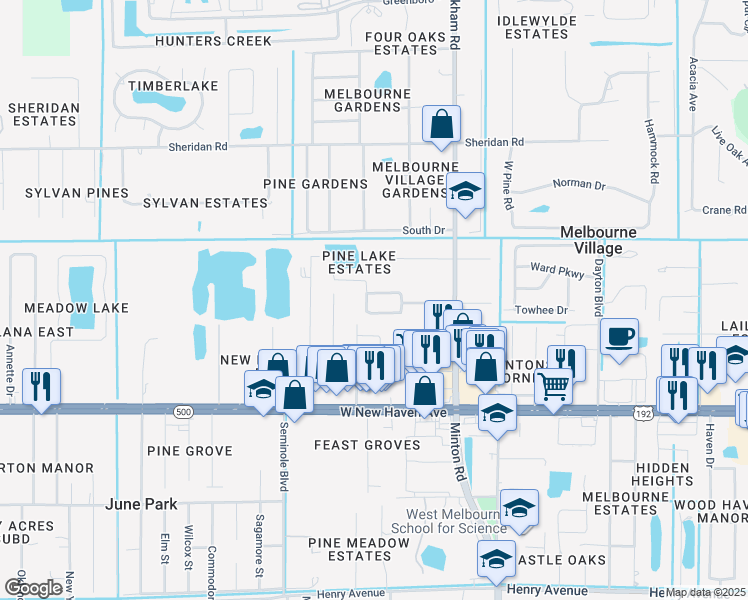 map of restaurants, bars, coffee shops, grocery stores, and more near 7740 Pine Lake Drive in Melbourne