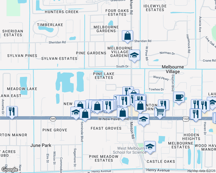 map of restaurants, bars, coffee shops, grocery stores, and more near 7740 Pine Lake Drive in Melbourne