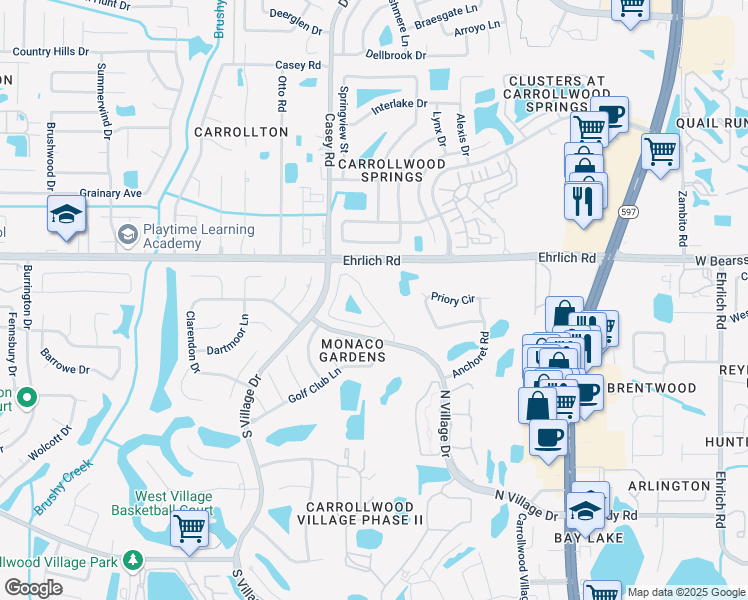 map of restaurants, bars, coffee shops, grocery stores, and more near 14621 Village Glen Circle in Tampa