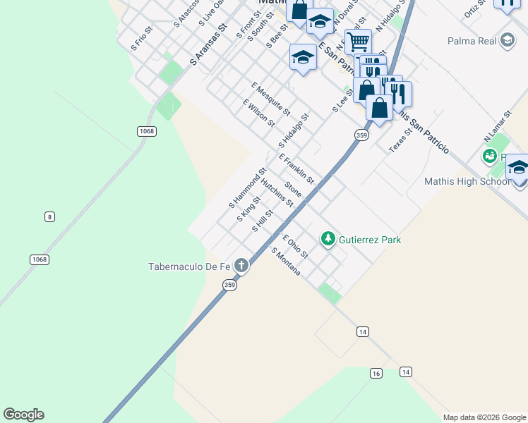 map of restaurants, bars, coffee shops, grocery stores, and more near 1004 South Hill Street in Mathis