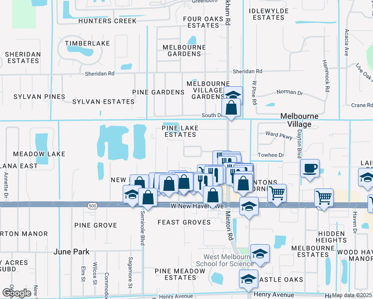 map of restaurants, bars, coffee shops, grocery stores, and more near 7740 Pine Lake Drive in Melbourne